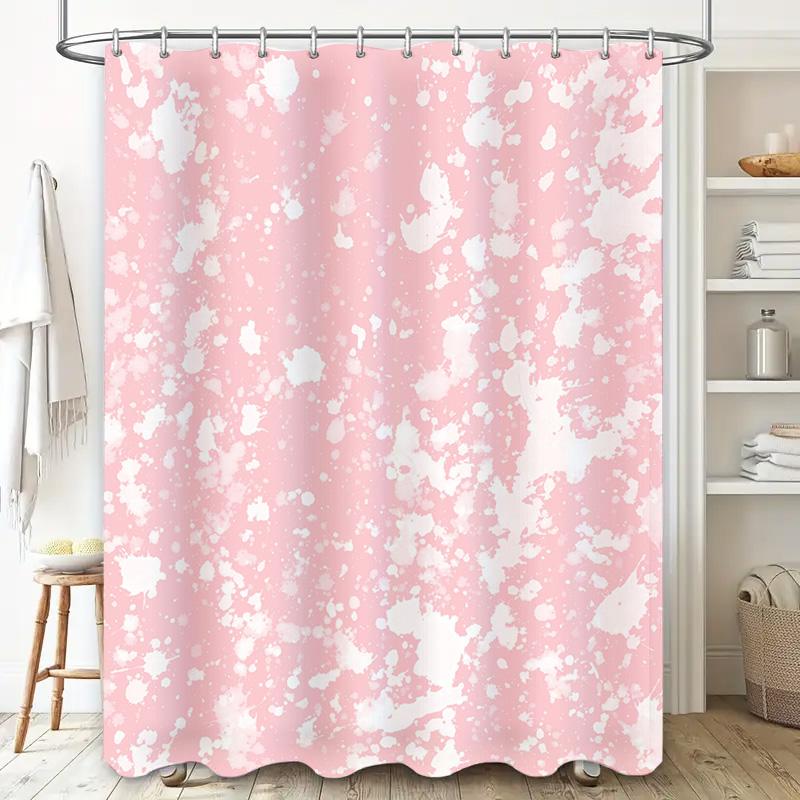 White Splatter Print Pink Shower Curtain For Bathroom Decoration Modern Style Waterproof Bath Liner With Metal Rings (One Size)