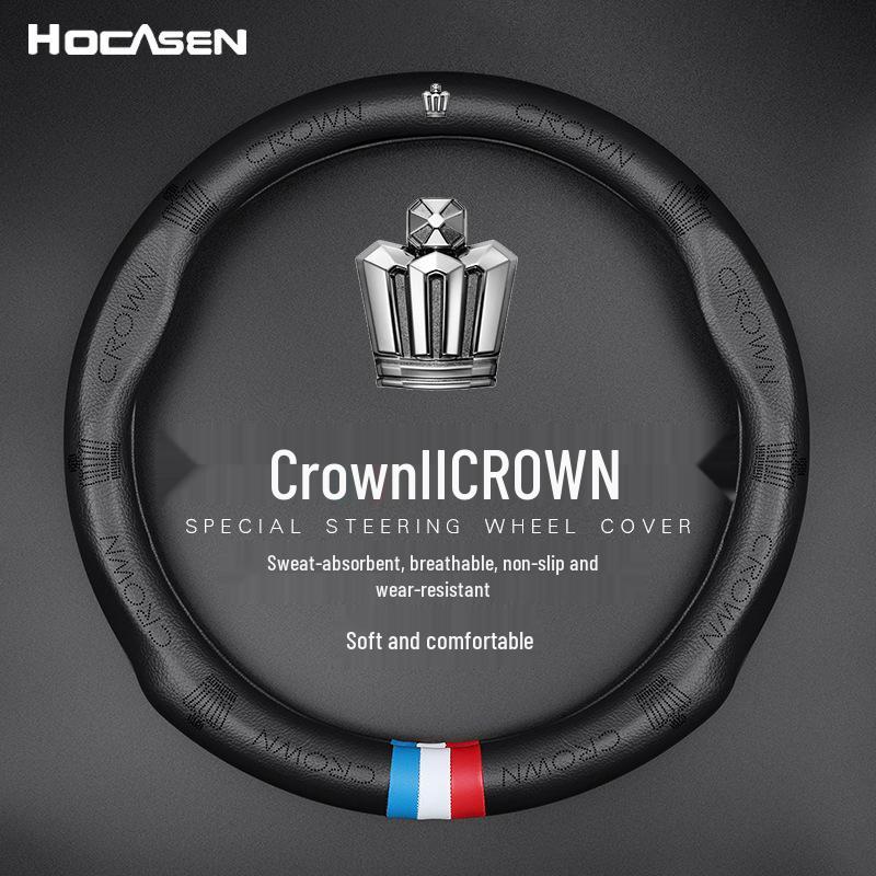 Universal Crown Genuine Leather Steering Wheel Cover - Four Seasons, Breathable, Non-Slip, Perforated Cowhide