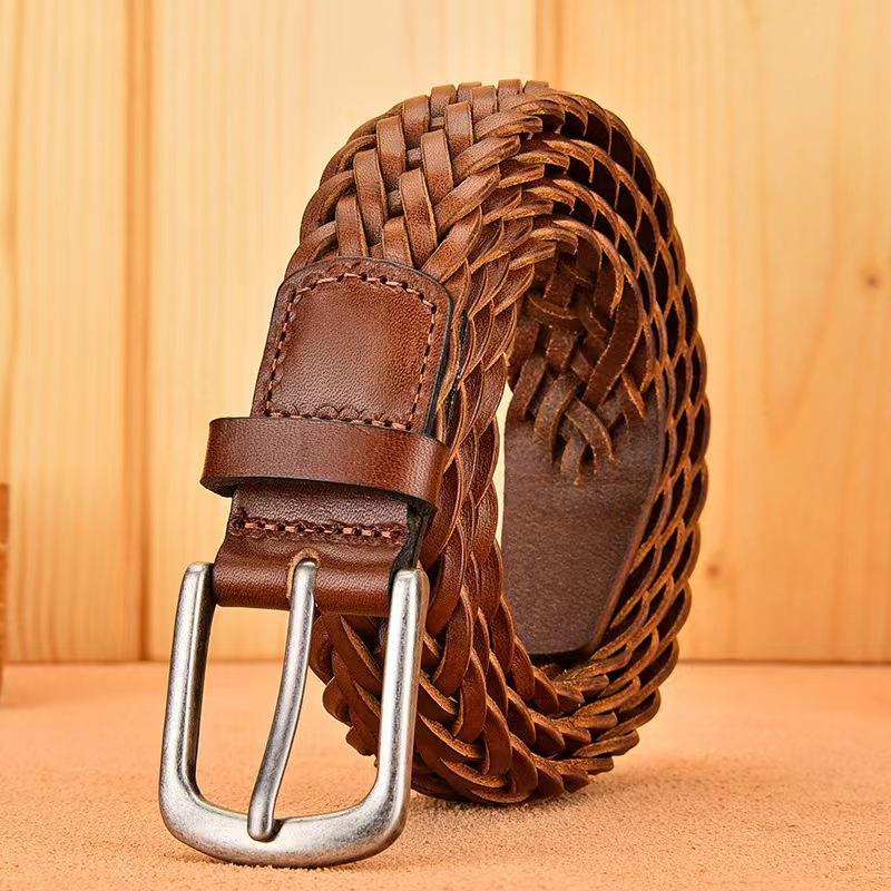 Meimeier Handmade woven leather belt - men's genuine top grain cowhide casual retro pin buckle belt
