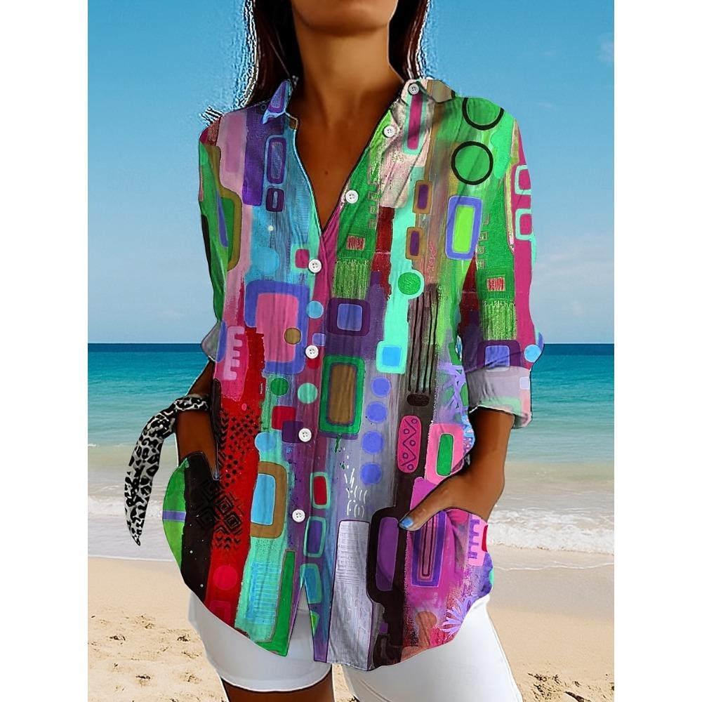 Women's Shirt Graphic Geometric Plaid Vintage Tropical Daily Long Sleeve Shirt Collar Regular Tops Holiday Buttons Print Fall