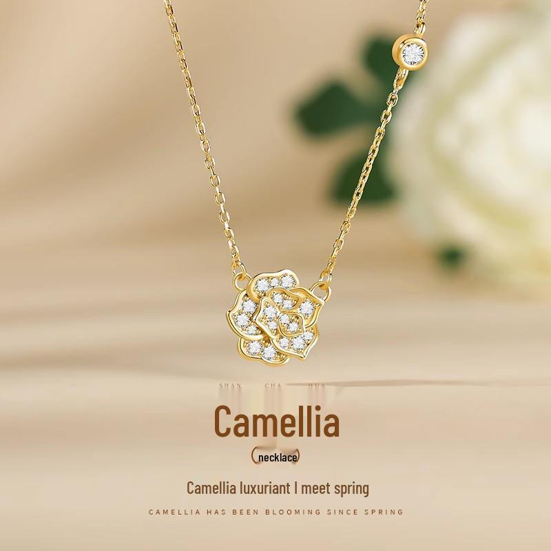 

Sterling Silver Camellia Necklace with Inlaid Pendant - Light Luxury Choker Gift for Women 925 Silver