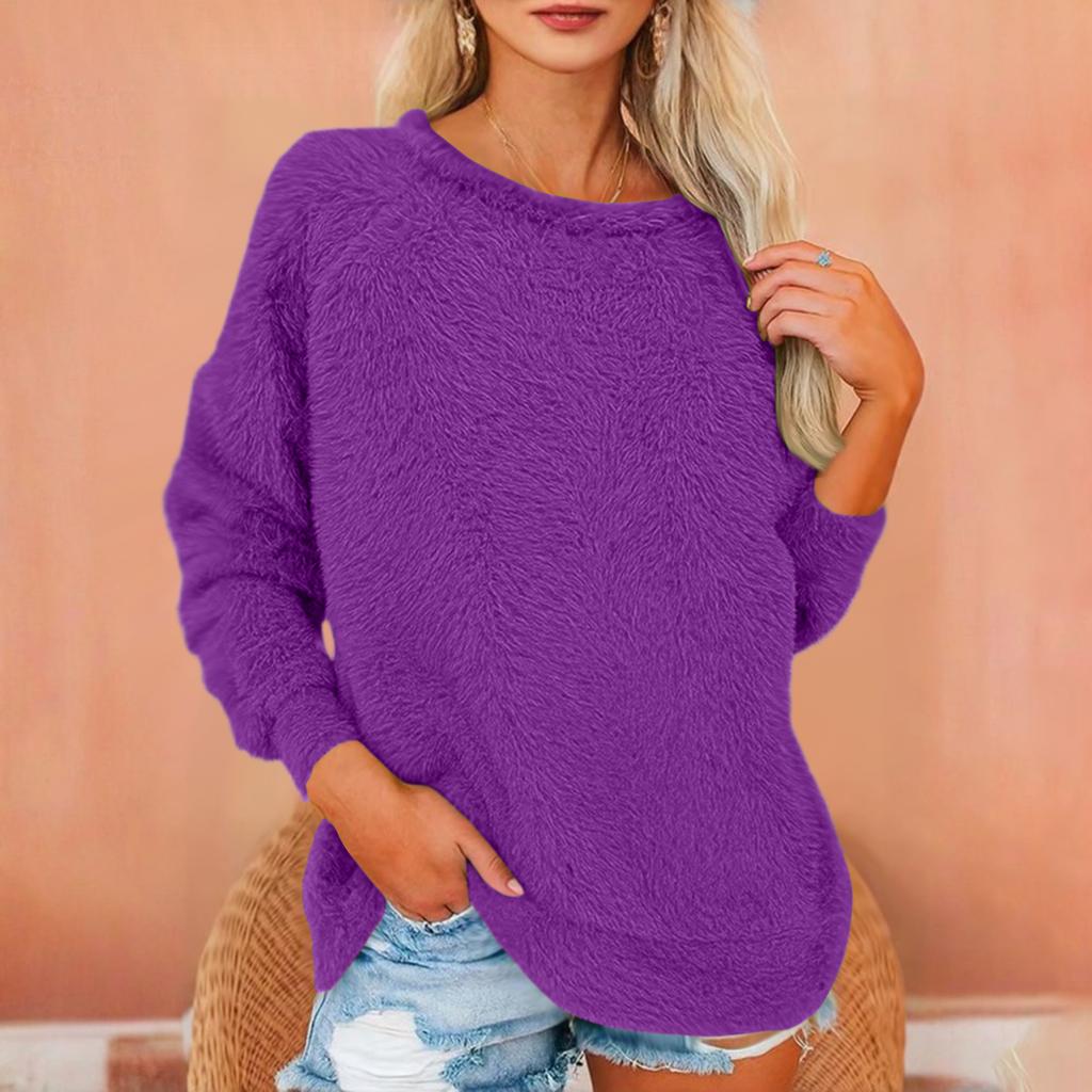 Women's Fashionable Solid Color Round Neck Long Sleeved Plush Warm Pullover Top
