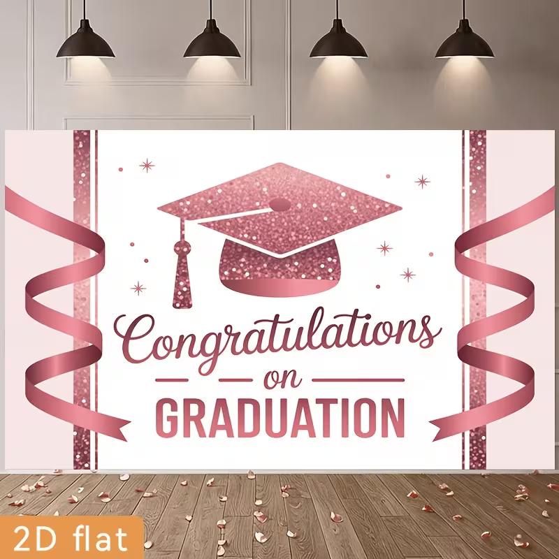 2D Graduation Party Backdrop Rose Gold Cap & Ribbon Background Cloth