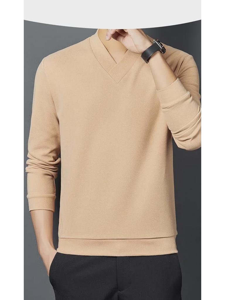 Men's V-neck Self-heating Long Sleeve German Velvet Shirt - Warm, Solid Color Autumn/Winter 2021
