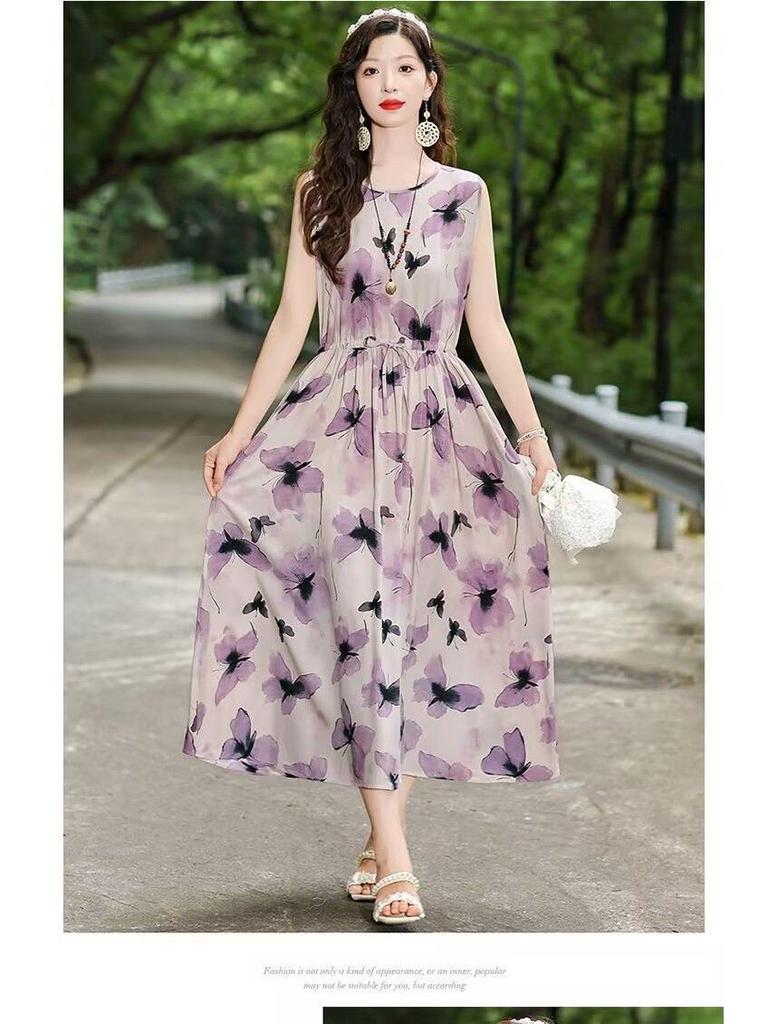 New Summer Floral Cotton-Silk Sleeveless Dress - Plus Size, Loose Fit, Slimming, Vacation Style Mom’s Long Dress