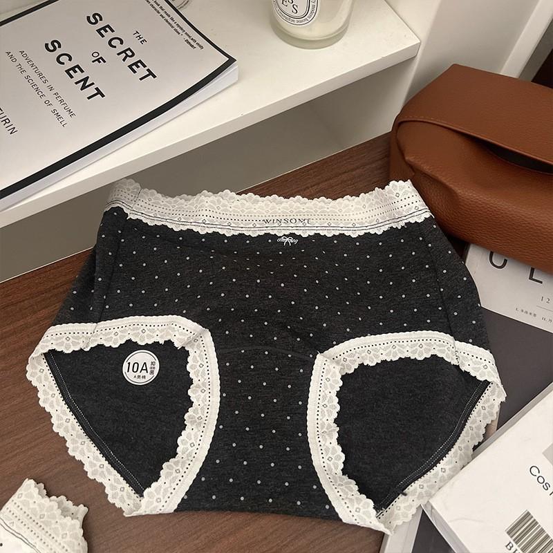 Ladies Autumn and Winter Lace Polka Dot Pure Cotton 10A Anti Bacterial Breathable High Waist Triangle Briefs