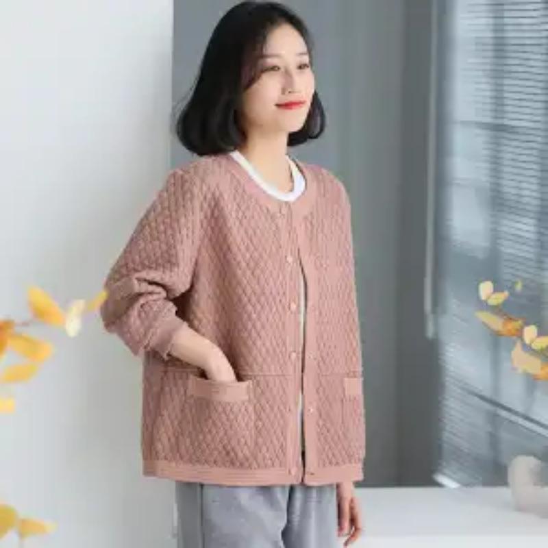Casual Jacket Women's 2025 New Autumn Style Literary Rhombus Cardigan Top Loose Round Neck Baseball Uniform