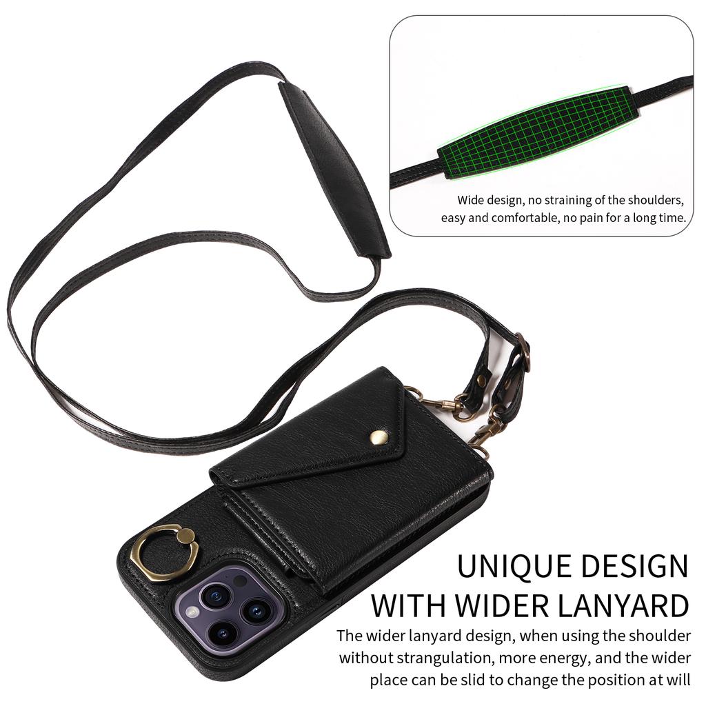 For iPhone 14 Series.for iPhone 14,14 Plus,14 Pro,14 Pro Max Shoulder Strap Rope Ring Bracket Design Card Holder Slots Lichee Pattern Cover Phone Case