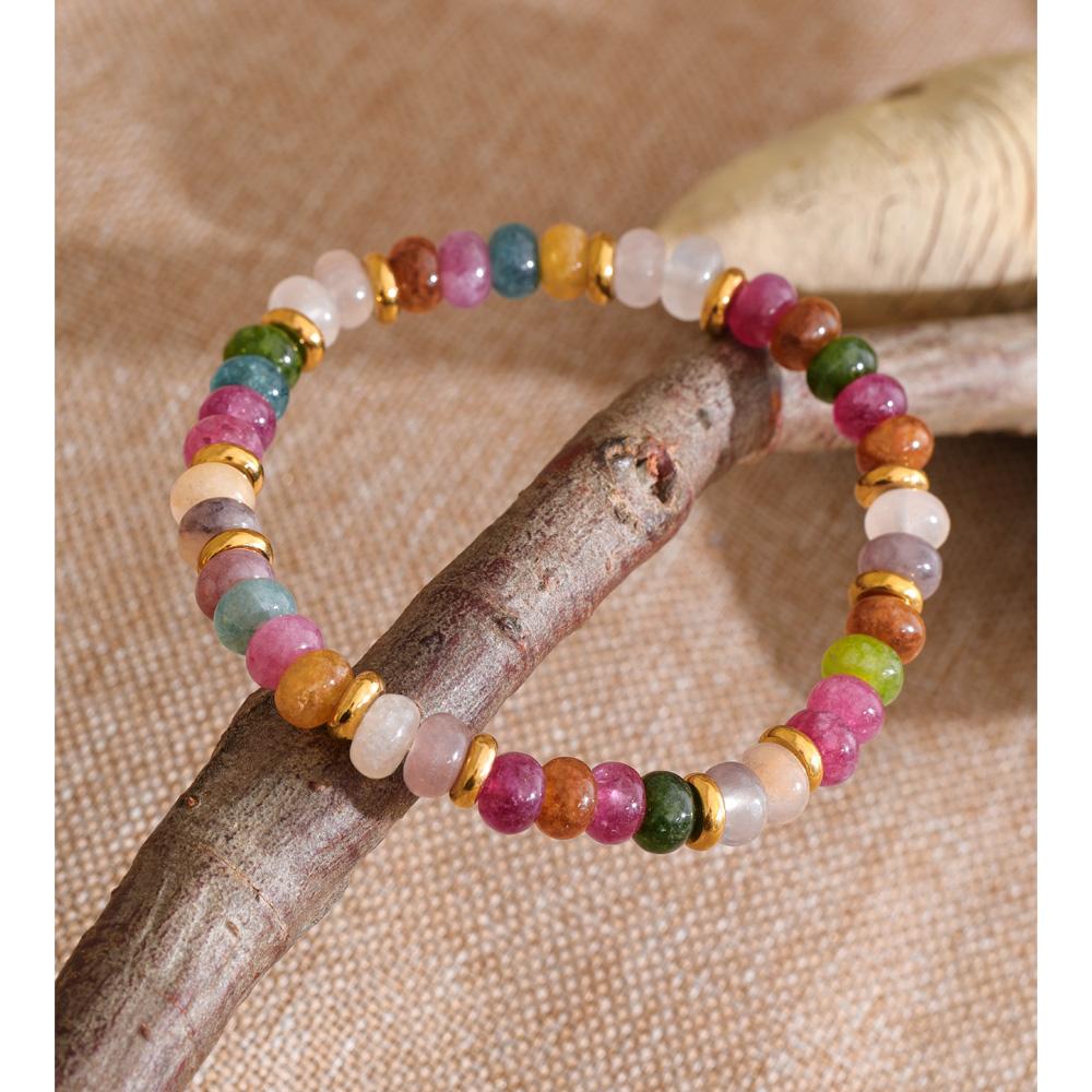 Yhpup Stone Beads Bracelet Bangle for Women Stainless Steel Colorful Natural Agate Handmade Elastic Fashion Manual Jewelry Gift