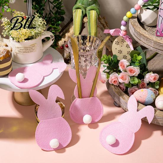 Easter Dinner Table Decor 4 Pcs Bunny Cutlery Holders, Felt Tableware Pouch Bags, Cute Rabbit Utensil Festive Centerpiece Accessory Sleeve,