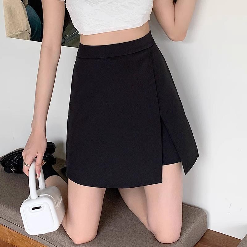 Plus Size British Style A-Line Slit Culottes - Women's 2025 High Waist Slimming Midi Skirt