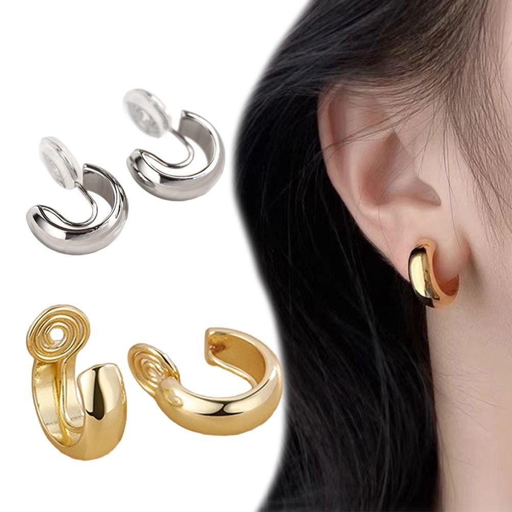 1Pairs Fake Gold Clip Earrings Non Pierced Hip Hop Earring New Hoop Earrings  Jewelry Accessories