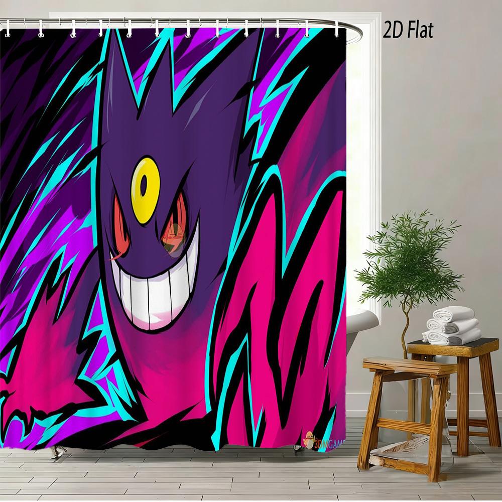Pokmon Sword And Shield Bede & Allister With Chansey & Gengar Playful Prank Scene 2D Print Waterproof Shower Curtain, Clean Whi