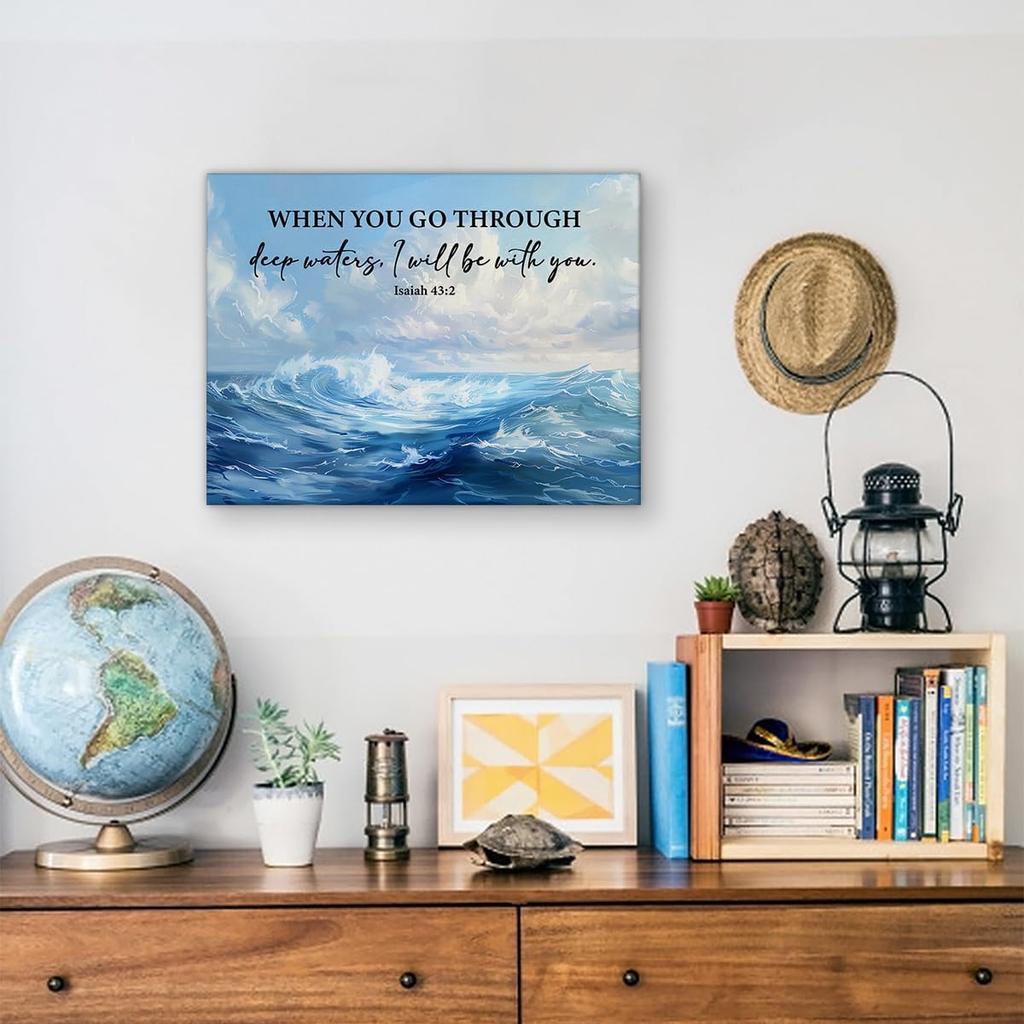 Christian Canvas Wall Art Decor When You Go Through Deep Waters Isaiah 43:2 Scripture Poster Print Picture Bible Ocean Artwork Framed for Home Decor,