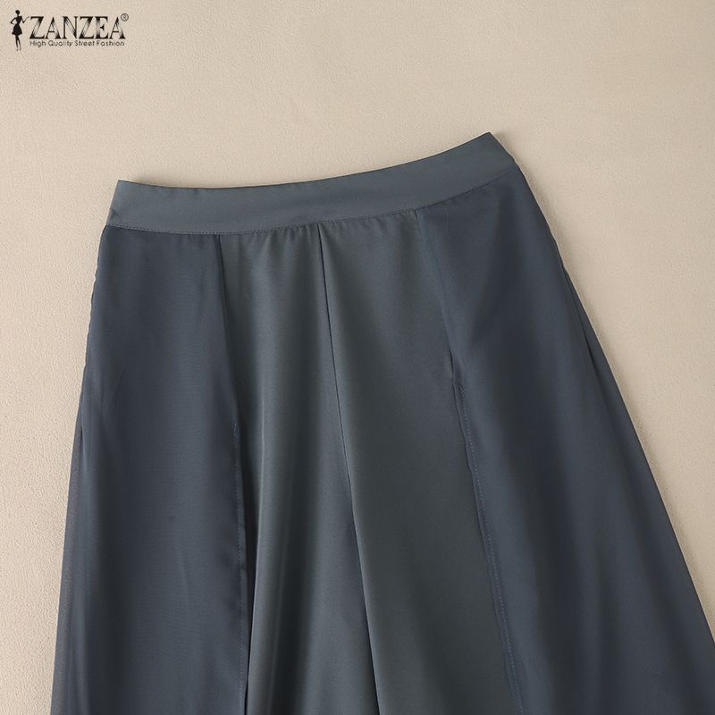 ZANZEA Womens Casual Solid Color Loose Chiffon Splice Wide Leg Pants