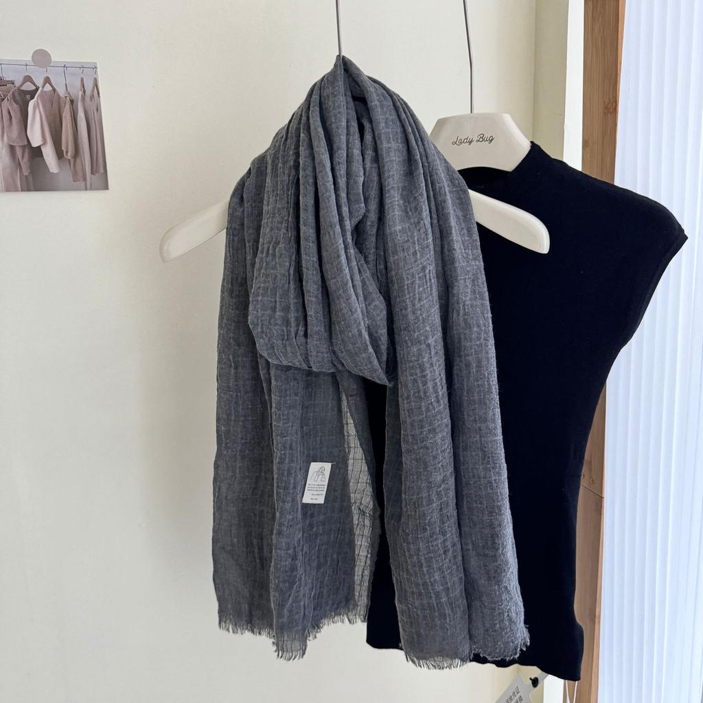 Cotton Linen Scarf Pleated Waffle Texture Women'S Spring And Autumn Thin Solid Color Cotton Yarn Shawl Dual-Purpose Long Winter