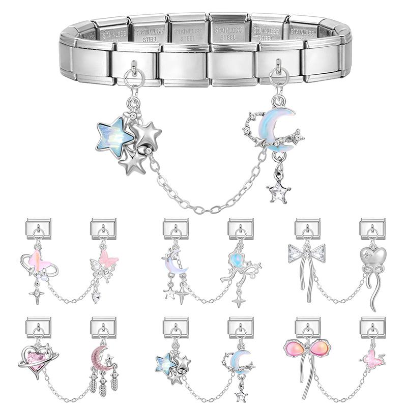 Y2K Zircon Moon Bow Star Pink Heart Tassel Chain Italian Charm Links Fit 9MM Stainless Steel Bracelet Women DIY Making Jewelry