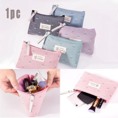 Bolsa de cosméticos de lona à prova d'água feminina portátil flor grande capacidade menina lápis