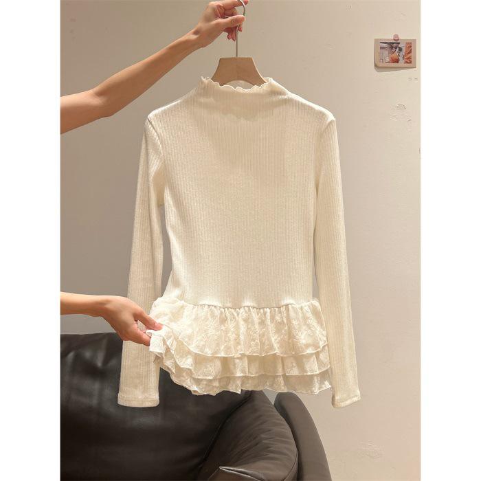 

De Róng Women s Slim Fit Lace Trim Long Sleeve Knit Top - Autumn Style with Half-High Collar Large белый