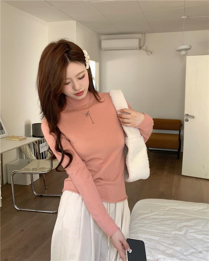 Sky blue sweet versatile bottoming shirt women's spring slim-fitting and thin semi-turtleneck long-sleeved top