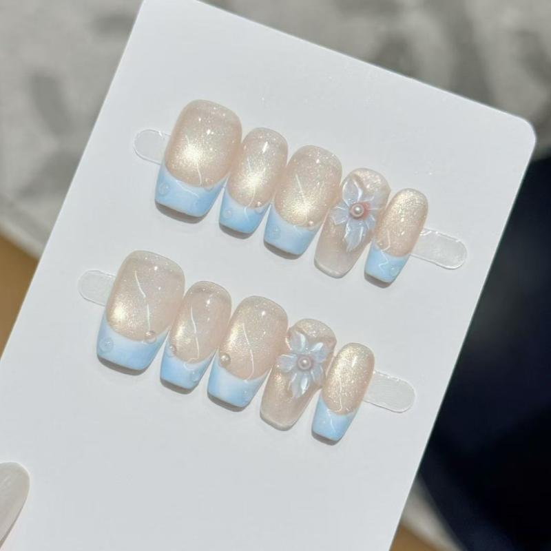 10Pcs Handmade Nude Blue French Fake Nails with 3D Flower & Pearl Accents XS