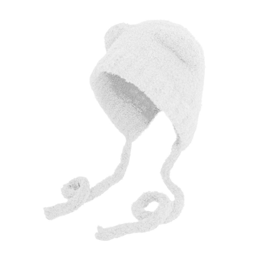 

Winter Plush Beanies Cute Bear Ear Wool Hat for Women Girls Cute Ear Muffs Windproof Knitted Cap For Cold Weather One size белый