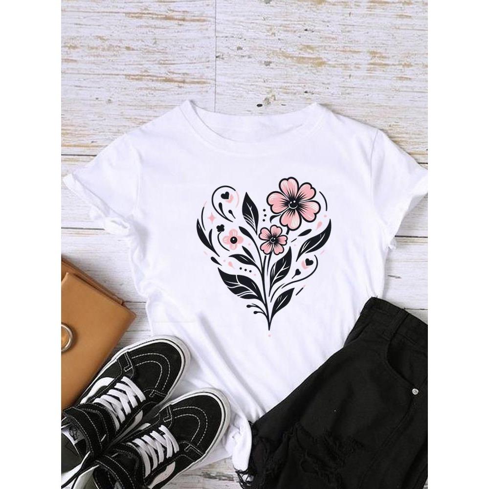 Style Flower Trend Clothing Graphic T-shirts Lady Short Sleeve T Shirt Women Print Female Fashion Clothes Casual Tee