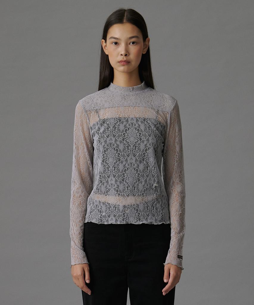 Tudument High Neck Lace Sheer Top Light Gray