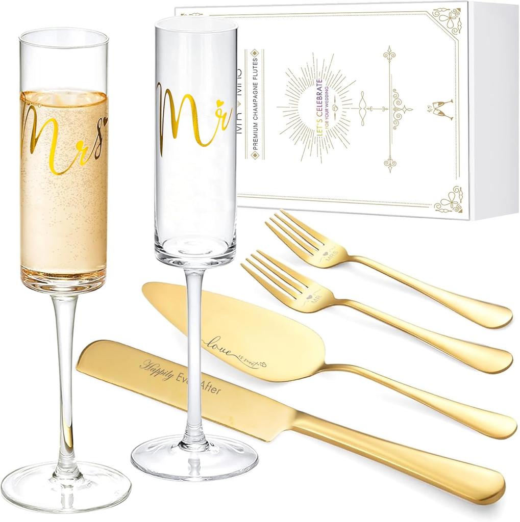 Bröllopstårtkniv & Serveringsset, Mr & Mrs Champagneglas för Brudpar, Bröllopsduschpresent