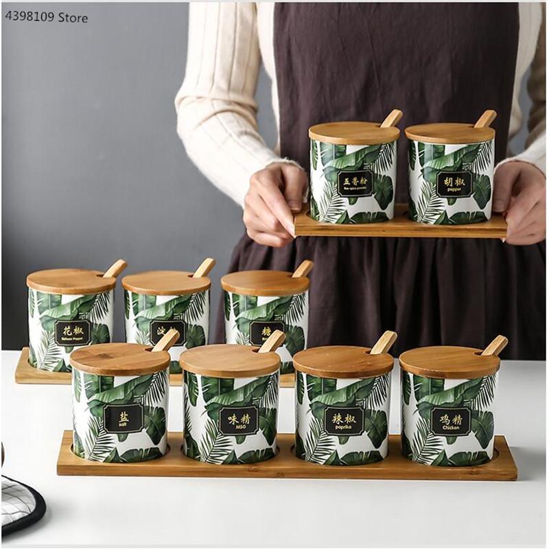 Kitchen seasoning tools ceramic seasoning jar set marble pattern cruet bamboo tray kitchen supplies seasoning box salt shaker