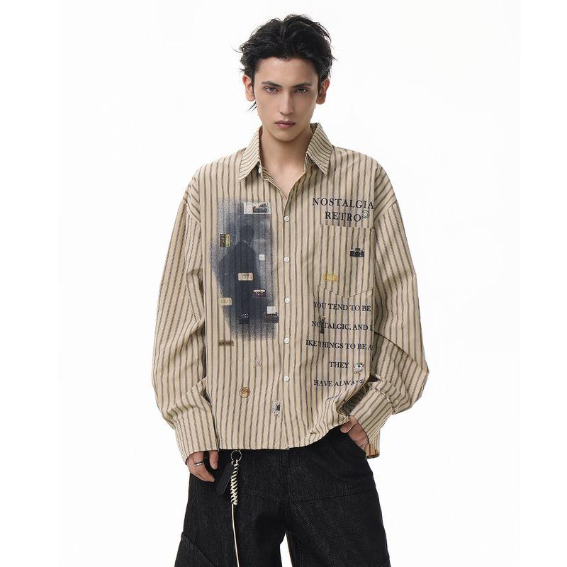 

Acrardic Fashion Brand Design Graffiti Stripe Long sleeve Shirts Men s Street Niche Personalized Loose Shirt Thin Apricot color XL