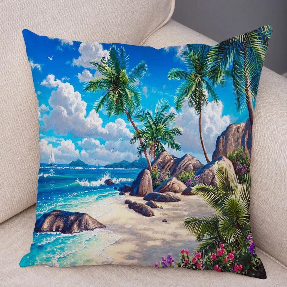 Vintage Colorful Style Coconut Tree Pillow Cover Country House Landscape  Sofa Car Office Cushion  Home Decor