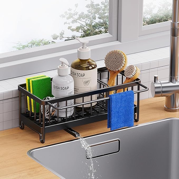 Kitchen Sink Caddy Organizer: Sponge Holder for Kitchen Sink with Towel Rack and Auto Draining Tray, Stainless Steel Dish Soap Holder with Removable
