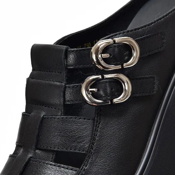 Johnature Runde Zehenpartie, ausgehöhlte Outdoor-Hausschuhe für Damen, leichte Sandalen aus echtem Leder mit dicker Sohle
