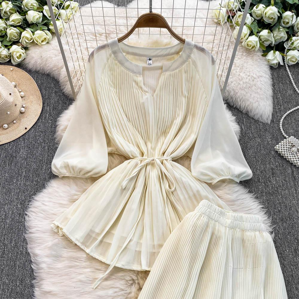 Spring Summer Women Pleated Two Piece Set Elegant V-Neck Draped Chiffon Blouse + High Waist Wide Leg Pants 2Pcs Suit Female New