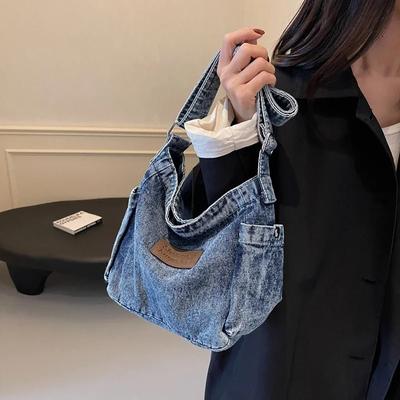 Sac bandoulière en denim monochrome pour femme, grande capacité, décontracté, à la mode