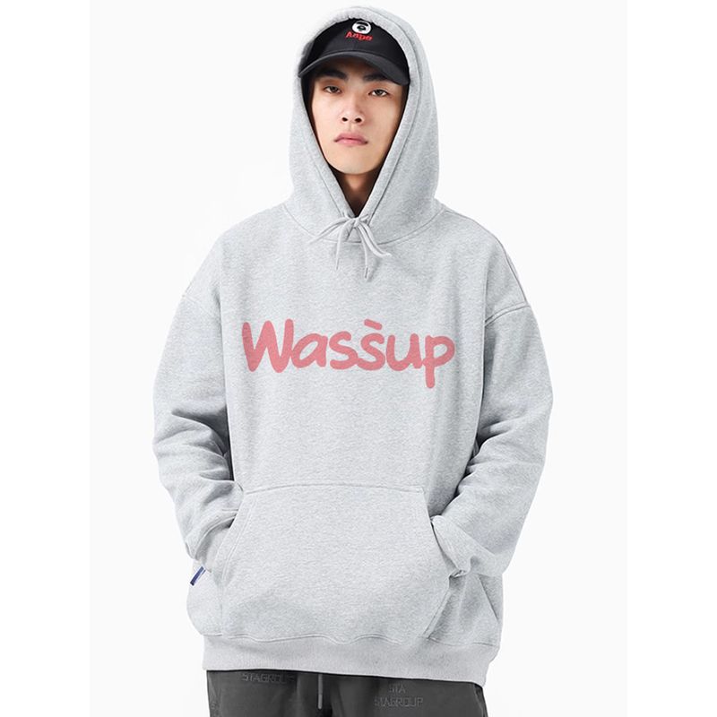 Wassup Trendy Brand Letter Sweatshirt for Men, Hooded, Loose, Casual, High Street Top, Jacket, Autumn and Winter, Fleece-Lined, Couple Style