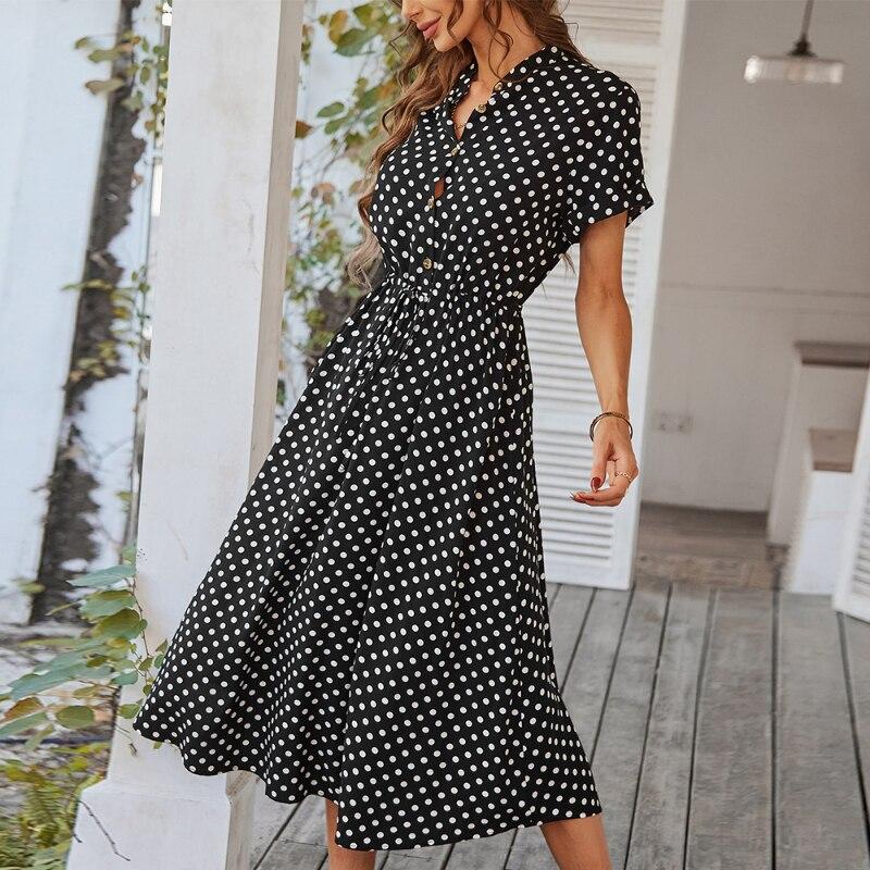 

Ladies Polka Dot Print Shirt Dress Women Casual Midi Holiday Summer Dress Female Loose Women Beach Dress Sundress Robe Vestidos XL чорний