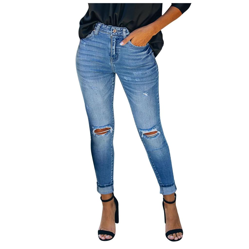 Mode Dames Broeken met Gaten Rechte Pijpen Broeken Jeans