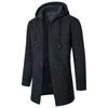 Men's Medium Long Coat Hooded Plush Plaid Knitting Drawstring Coat Sweater  Warm Solid Color Jackets Tops