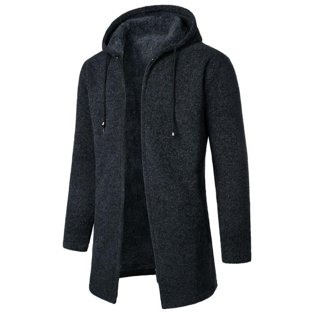 Men's Medium Long Coat Hooded Plush Plaid Knitting Drawstring Coat Sweater Warm Solid Color Jackets Tops