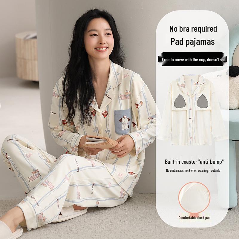 Women's Pure Cotton Pajama Set with Chest Pad, Long Sleeve Cardigan, and Lapel - Spring/Autumn 2025 Style.