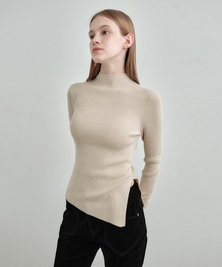 MONGDOL Half Neck Slit Ribbed Knit Mdkt121_5 Colors