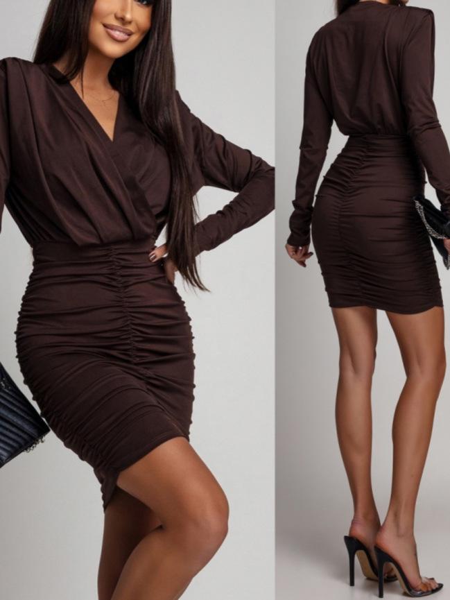 European Slim V-Neck Long Sleeve Dress – Solid Color, Hip-Hugging, Sexy & Fashionable Women s Wear L