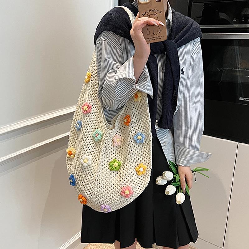 Women Flower Knitted Shoulder Bag  Handbag Lightweight Crochet Tote Bag Casual Top Handle Bag Outdoor Travel Bag