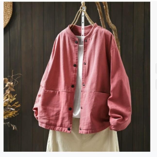 Autumn Cotton Baseball Collar Short Jacket Women's Loose and Thin Casual Double-pocket Jacket Cardigan Top