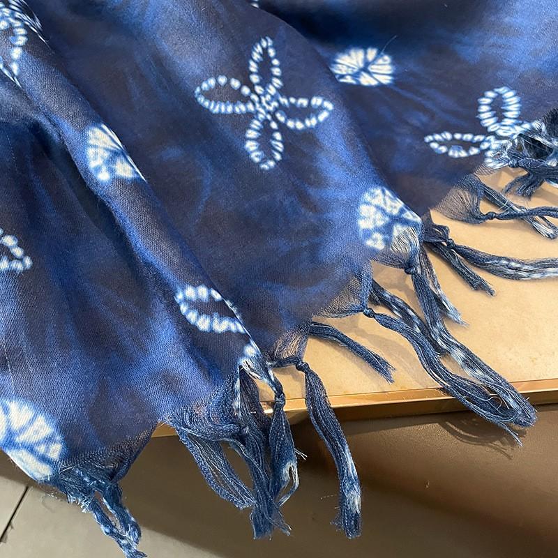 Long Cotton Linen Scarf Women Hand-Dyed Blue Indigo Wrap Shawl 180x90cm Lightweight Accessory