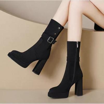 Korean Black Waterproof Table High-heeled Short Boots Women's 2025 New Autumn Versatile Retro Thick-heeled Medium Tube Thin Boots
