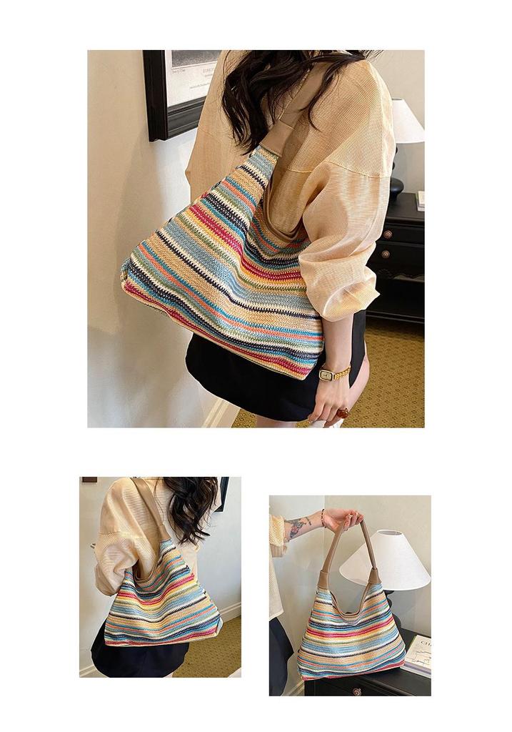Striped Straw Woven Tote: Women's Large Capacity Shoulder Bag for Beach Vacation 2025 Fashion.