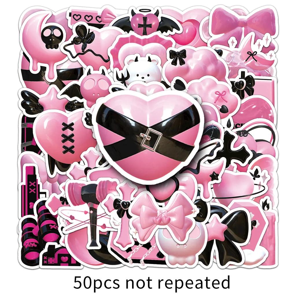 50pc/set Creative Deisgn Scrapbook Sticker Black Pink Color Hear Key Demon Journal Sticker DIY Decor Luggage Stationery Sticker